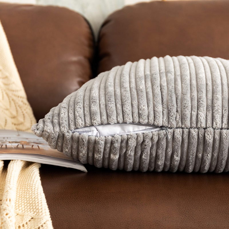 UGS UGASA UGASA Pack of 2, Velvet Pillow Covers Striped, Soft Textured Throw Cushion Case Set, Accent Corduroy Lumbar Pillowcases with Hidden Zipper for Home Decor Indoor Outdoor (12"x20", Light Grey) - Image 3
